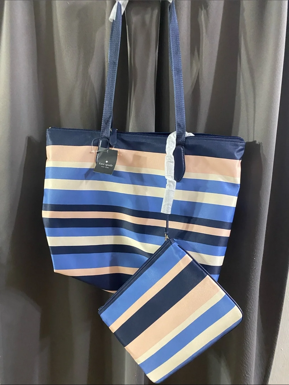 NWT kate‎ spade Navy, Light Blue & Pink Striped Shoulder Tote w /cosmetic bag